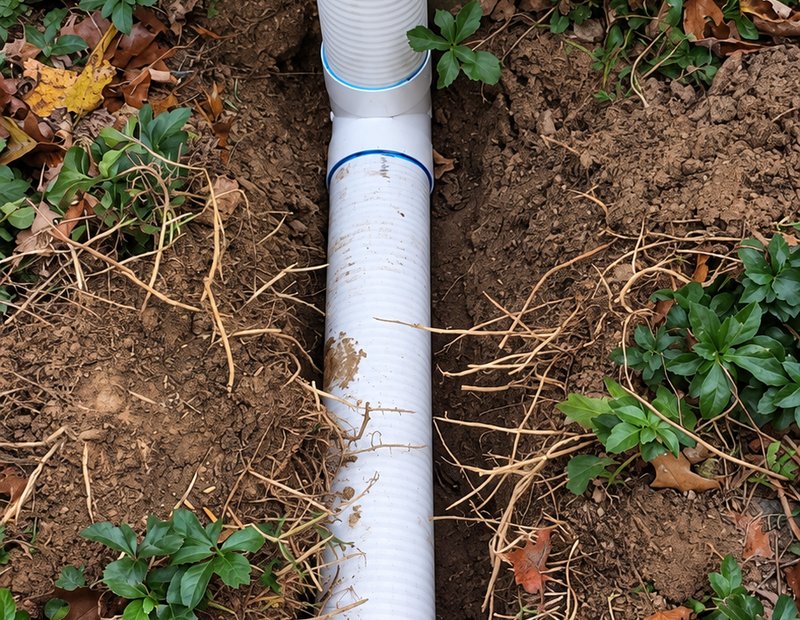 Downspout extension connected to a buried drainage pipe beside a home