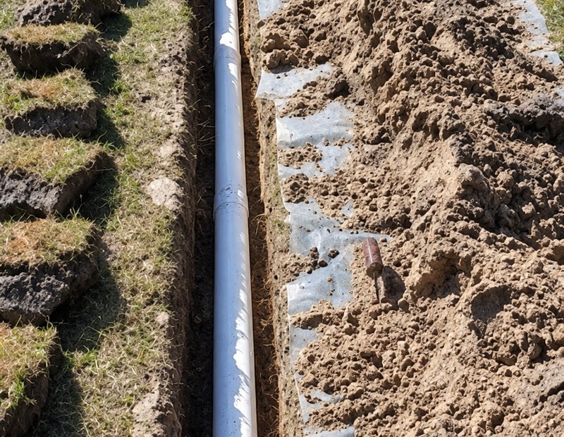 Buried drainage pipe installed in a trench beside a home