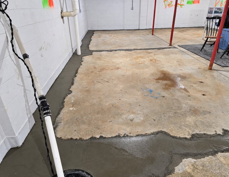 Interior basement waterproofing trench installed along a block wall