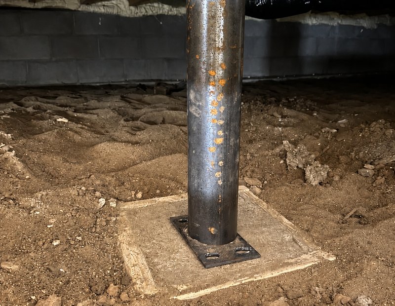 Adjustable steel support post installed on a concrete pad in a crawl space